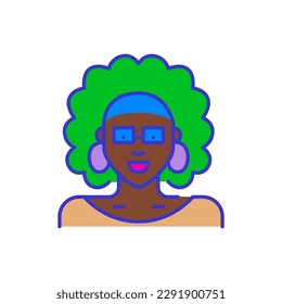 Mujer de piel oscura con pelo afro. Estilo de dibujos animados de color negrita icono simplista minimalista para marketing y marca. 