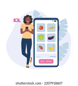 Dark skinned woman buys organic products via smartphone. Vector illustration.