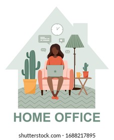 Dark skinned woman with laptop on the chair. Freelance or studying staying home. Young girl working from home. Self-isolation shield from coronavirus. Remote work from home during Quarantine. 