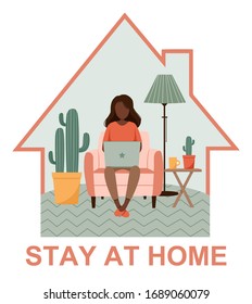 Dark skinned woman with laptop on the chair. Freelance or studying staying home concept. Young girl working from home. Remote work from home during Quarantine. Cute flat vector poster. Covid -19