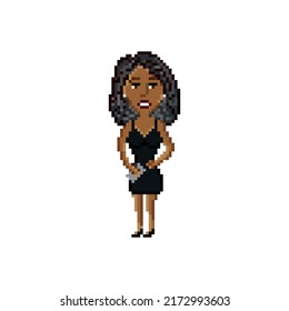 Dark Skinned Woman In Little Black Dress Isolated On White Background. Pixel Art Design. 8 Bit Logo For Game. Character Vector Illustration. Eps 10