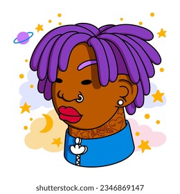 Dark skinned woman Portrait. Avatar of girl vibrant dreadlocks, sporting stylish sportswear, neck tattoo, piercings, earrings. Colorful Flat Cartoon style. Trendy modern design. Vector illustration 