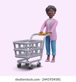 Dark skinned woman with short hairstyle is pushing empty shopping cart