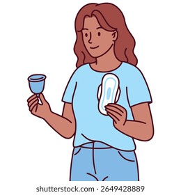 Dark skinned woman stands holding a tampon and menstrual cup. She presents different menstrual hygiene options confidently