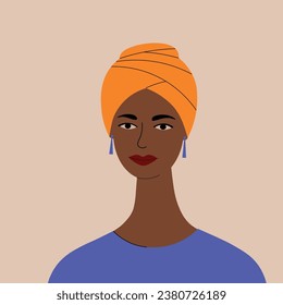 Dark skinned woman in turban hand drawn flat vector illustration. Portrait of African-American color girl in national headdress with earrings for design, poster, print, card