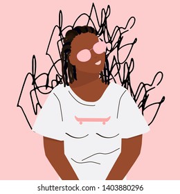 Dark skinned young girl with black dreadlocks, in pink sunglasses and oversize t-shirt with skateboard print. Fashion vector illustration in a flat style and trendy colors.