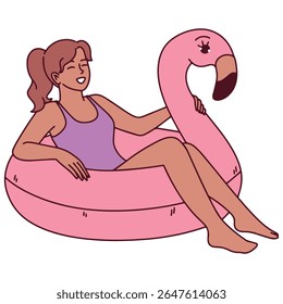 Dark skinned young woman in swimsuit relaxes on pink flamingo float in pool, enjoying summer vacation and sunny day, cut out, cutout