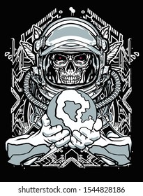 dark skull astronaut holding planet with modern background