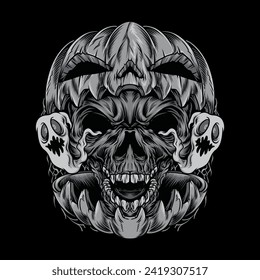 Dark Skull inside A Pumpkin with Double Ghost in Black and White Illustration