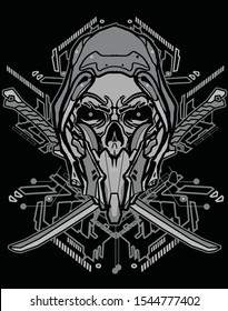 dark skull ninja black grey with katana sacred modern geometry background