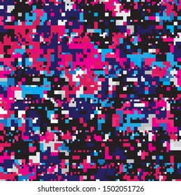 Dark Sky Abstract Geometric Pixelated Mosaic Pattern with Square Fragments,  8-bit Dot Random Pixels, Repeatble Low Resolution Effect, Old Japan 8bit Retro Texture, Space Stars Fashion, Game Style
