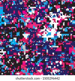 Dark Sky Abstract Geometric Pixelated Mosaic Pattern with Square Fragments,  8-bit Dot Random Pixels, Repeatble Low Resolution Effect, Old Japan 8bit Retro Texture, Space Stars Fashion, Game Style
