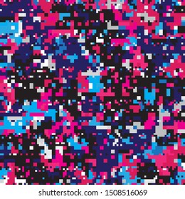 Dark Sky Abstract Geometric Pixelated Mosaic Pattern with Square Fragments,  8-bit Dot Random Pixels, Repeatble Low Resolution Effect, Old Japan 8bit Retro Texture, Space Stars Fashion, Game Style
