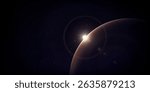 Dark sky background.Space sunrise, good morning world. Sunrise with rays and lens flare.