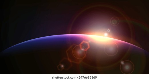 Dark sky background.Space sunrise, good morning world. Sunrise with rays and lens flare.