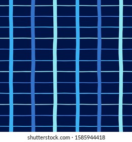 Dark, sky blue rectangle grid, plaid, table seamless pattern. Lattice, trellis texture. Vertical and horizontal hand drawn doodle uneven stripes, bars. Colorful geometric fragment background. 