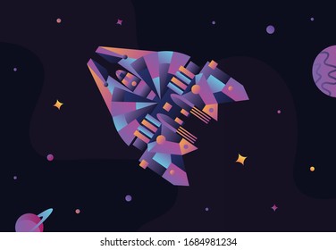 Dark sky, colorful space ship, galaxy