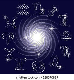 In the dark sky of the constellation of the zodiac around the galaxy. Vector illustration