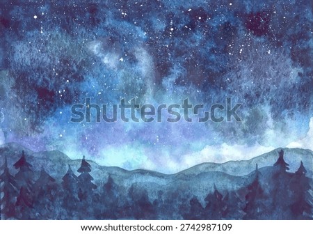 A dark sky filled with stars spreads above a range of mountains. The colors in the sky blend shades of blue and dark purple, creating a vibrant night scene. Below, silhouettes of trees stand against the horizon, adding depth to the landscape. The peaceful night captures the beauty of nature and the vastness of the universe. This scene showcases the wonders of the night sky in a watercolor style that highlights the colors and shapes of the landscape
