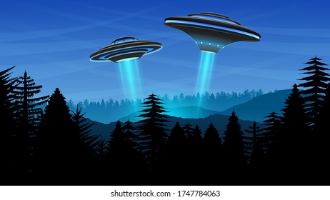 Dark Sky Forest Background Vector Silhouette With Ufo