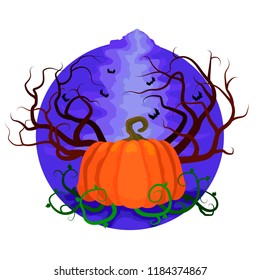 Dark sky, orange pumpkin and plants, Halloween symbol