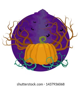 Dark sky, orange pumpkin and plants, Halloween symbol