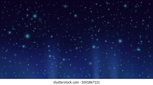 Dark sky with shining stars. Vector night sky background with lightning