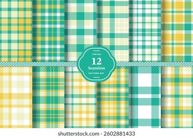 Dark Slate Tartan patterns fabric texture. Modern Golden Ochre Seamless Tartan Set of 12