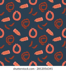Dark slate vector seamless background with meat sausages for gastropub branding, BBQ party wrapping paper and market packaging.