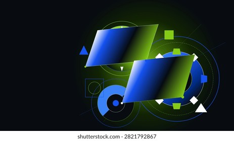 Dark slick robotic process automation artwork featuring expanding gears and glassmorphic bauhaus geometry. Cobalt, Lime Green and Ebony color theme.