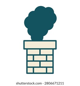 Dark smoke billowing from a brick chimney stack on a white background