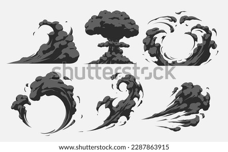 Dark smoke clouds set on white background