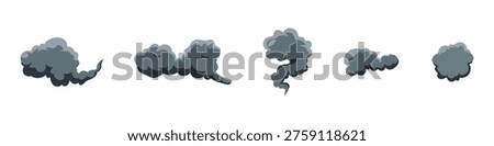 Dark smoke clouds and steam puff icon set. Explosive smoke cartoon clouds. Industrial pollution or fire vapor symbol. Vector Illustration.