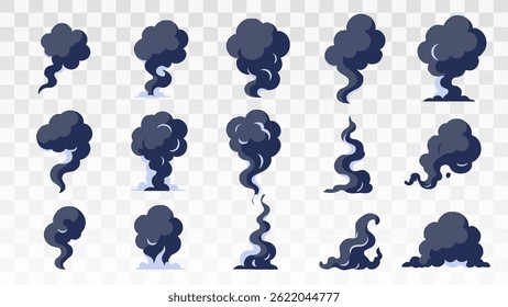 Dark smoke plumes, fog swirls, and rising trails in vector format with dynamic flow and curved shapes.