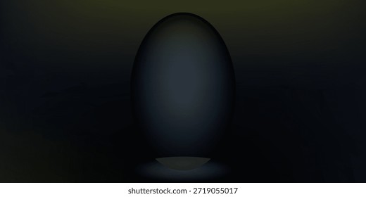 Um objeto escuro, liso e em forma de ovo repousa sobre um pequeno pedestal, iluminado por uma iluminação sutil contra um fundo escuro.