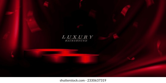 Abstrakte Design-Textur aus dunklem, glattem, dunklem rotem Satin, rundes Podium