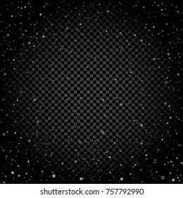 Dark snow transparent background. Falling snowflakes blizzard black backdrop. Christmas winter decoration design template