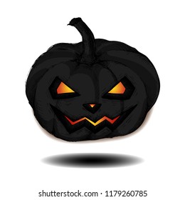 Dark soaring halloween pumpkin. Hand drawing soaring pumpkin with a horrible face, luminous eyes and a shadow. Isolated vector illustration on white background