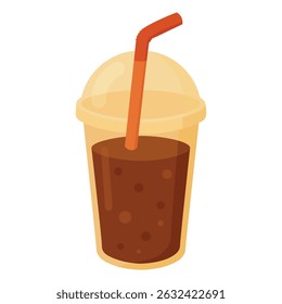 Dark soda with bubbles in transparent plastic cup and straw. Flat cartoon style illustration.