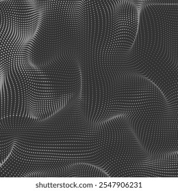 Dark soft wavws halftone dots background. Black and white flying smoke point texture. Abstract wavy dotted lines wallpaper. Distorted wavy surface, gradient spotted digital pattern. Vector