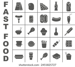 Dark solid fast food icons. Fast food. Fast food icons. EPS 10.