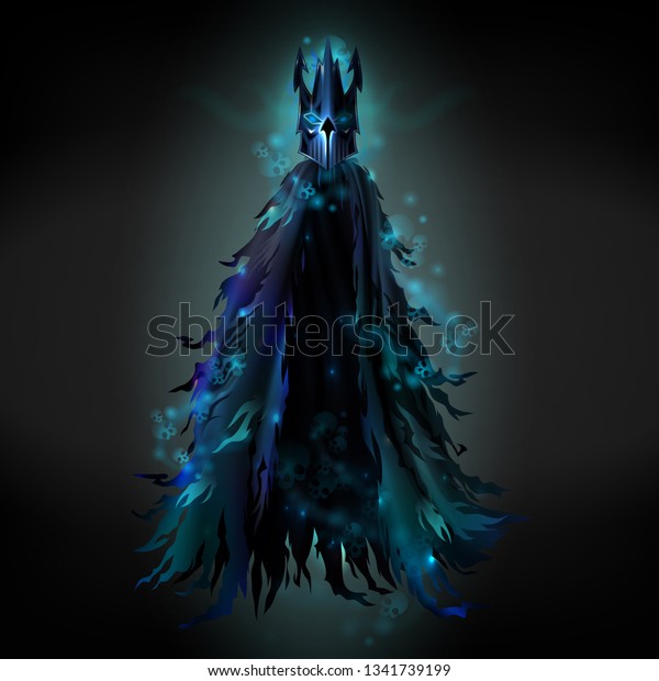 暗い妖術師 悪魔 怪獣 ギザギザのマントと鉄のマスクを着た死の騎士の幽霊 神秘的な光で輝き 幻想ゲームデザイン用の3dリアルなベクターイラストを暗闇で飛ばす のベクター画像素材 ロイヤリティフリー