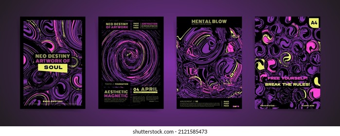 Dark space abstract template design with typography for poster, flyer, event brochure, placard, presentation or cover.  Black, purple colors with hallucination paints print vector set.