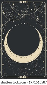 Dark space background for astrology, witchcraft, fortune telling. Heavenly abstract tarot card. Banner with the moon and copy space. Vintage vector template.