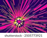 Dark space background with bright red explosion star. Explosion rays diverging from the center, energy of destruction. Vector drawing in manga or anime style.