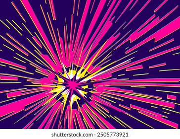 Dark space background with bright red explosion star. Explosion rays diverging from the center, energy of destruction. Vector drawing in manga or anime style.