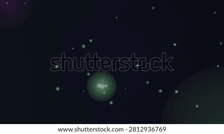Dark space background, with glowing green, orbs and four-pointed stars