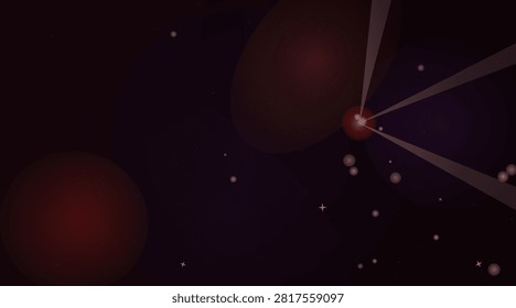 Dark space background, with red glowing, pulsar, light beams, and stars