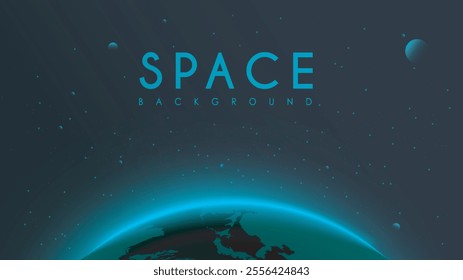 Dark space background. Starry sky near neon planet. Astronomy and astrology. Texture and wallpaper. Cosmic journey and adventure. Space and cosmos. Realistic vector illustration