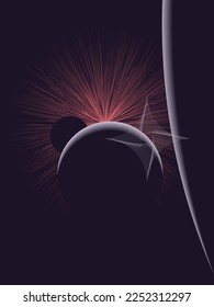 Dark space background vertical design with geometric elements, red star light, big dark planet on dark cold background.